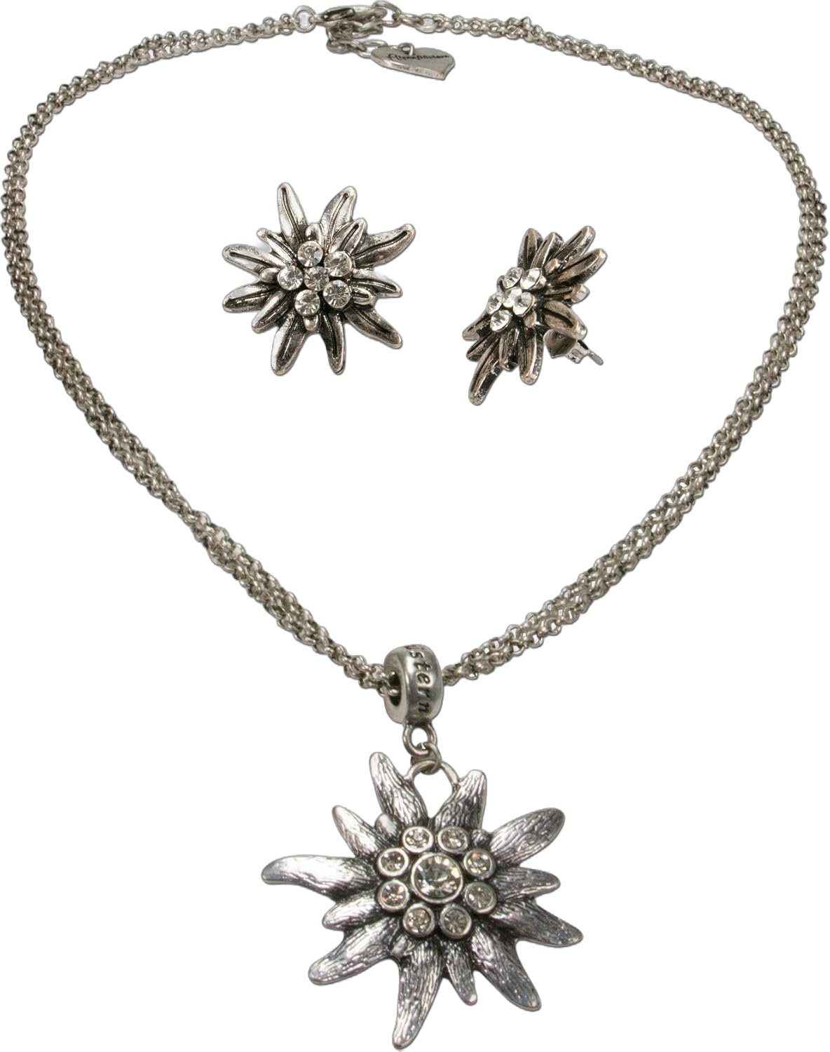 Traditional bavarian jewelry set chain necklace and earrings rhinestone Edelweiss, Women costume jewelry, traditional german flower pendant, Dirndl, Oktoberfest (antique silver color)