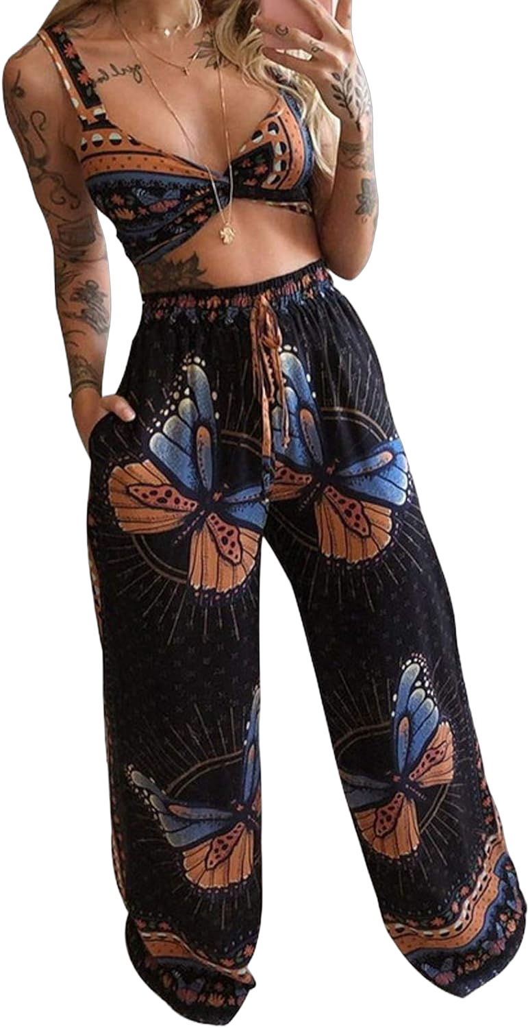 Women 2 Piece Boho Outfits Summer Lady Bohemian Butterfly Printed Crop Tops and Long Pants Jumpsuit Large B Black