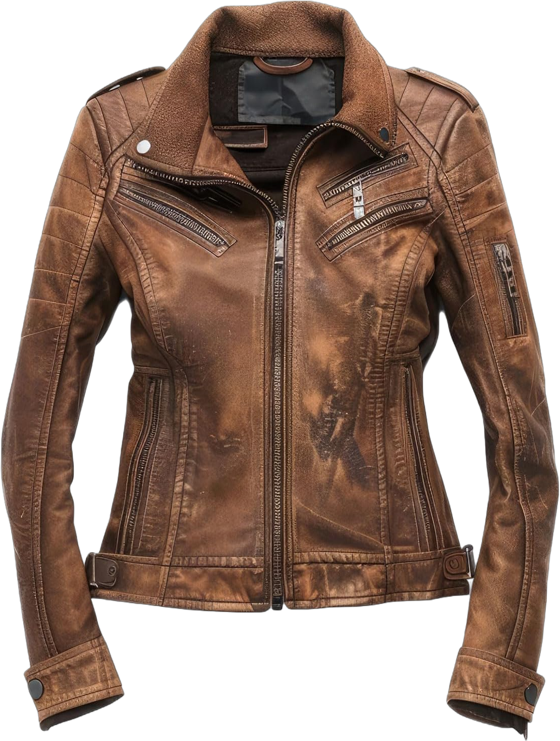 Women’s Distressed Brown Genuine Sheepskin Retro Multi Zipper Casual Moto Biker Leather Jacket X-Small Distressed Brown