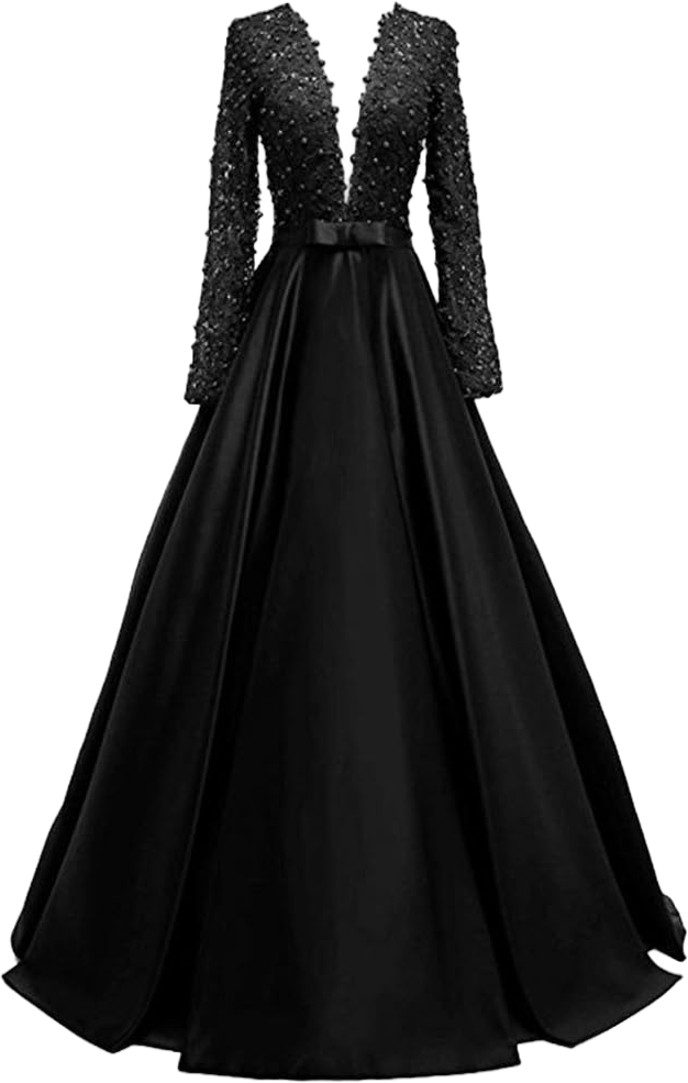 Women's Lace Beaded Long Sleeve Prom Dresses Backless Deep V Neck Formal Evening Gowns 2 Black