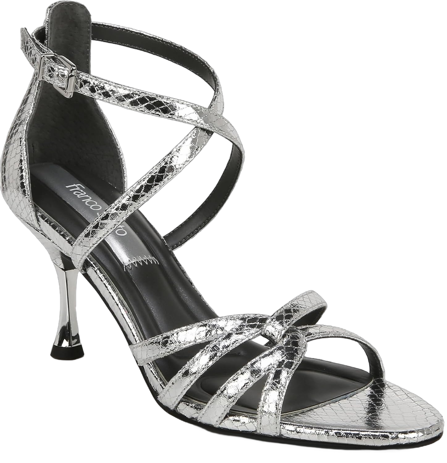 Franco Sarto Women's Rika Strappy Heeled Dress Sandals 5.5 Silver Metallic Snake