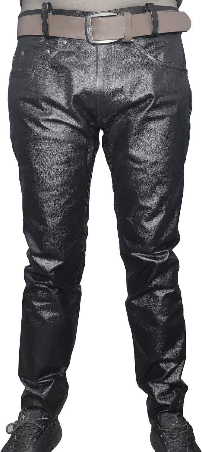 Black Cowhide Genuine Quality Leather Mild Grain Pant for Men Biker Pants 42 Regular Black