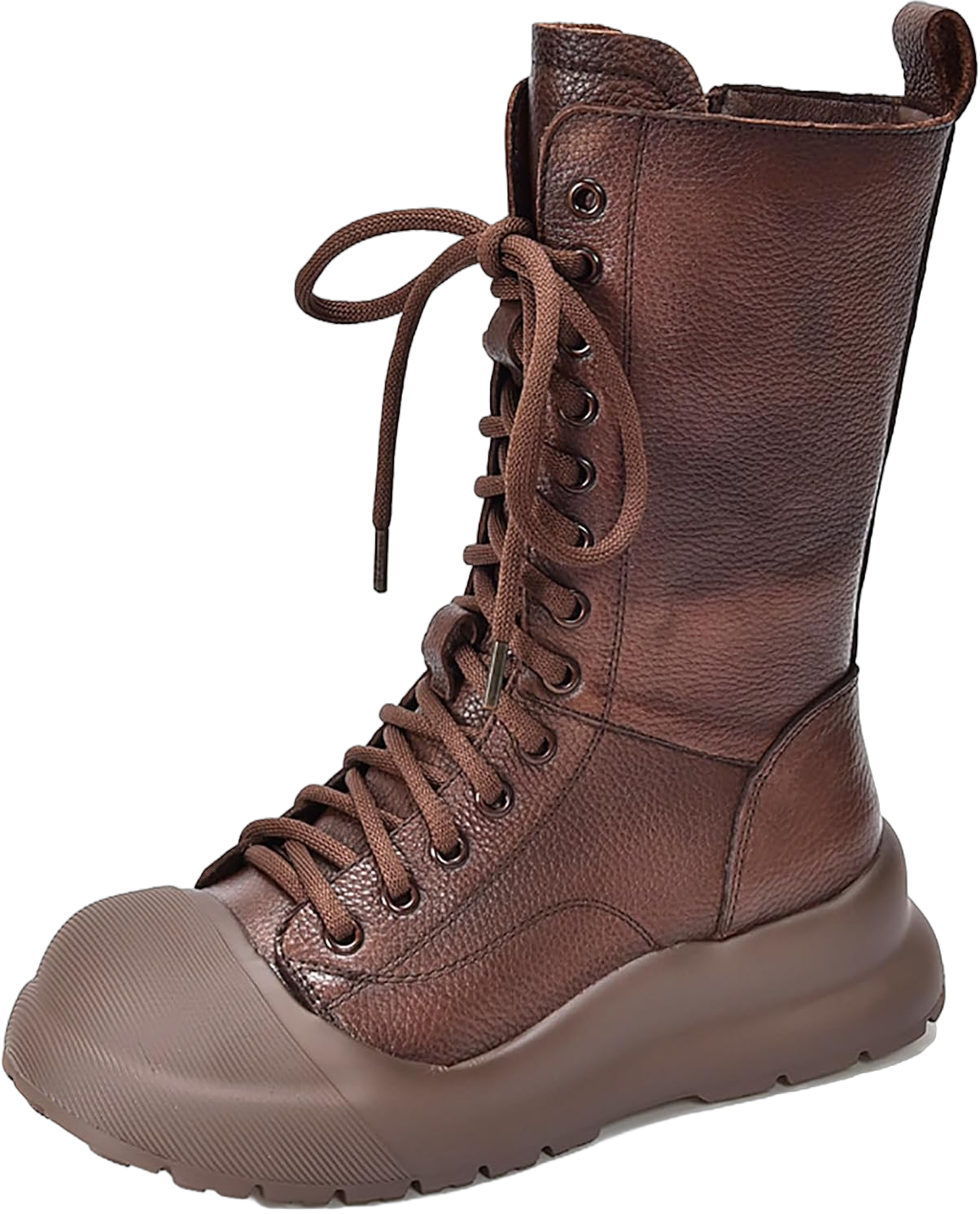 Women's Vintage Genuine Leather Mid Calf Boots Round Toe Lace Up Platform Casual Boots with Side Zipper Brown 8.5