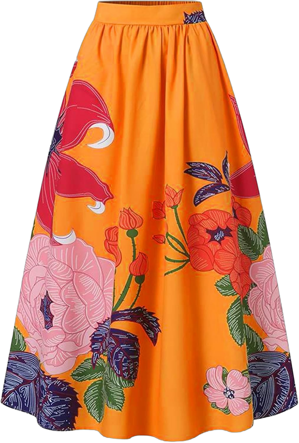 VREWARE Summer Dresses for Women 2024,Women Floral Print Skirt High Waist Party Beach Pocket Long Maxi Skirt Orange #3 X-Large