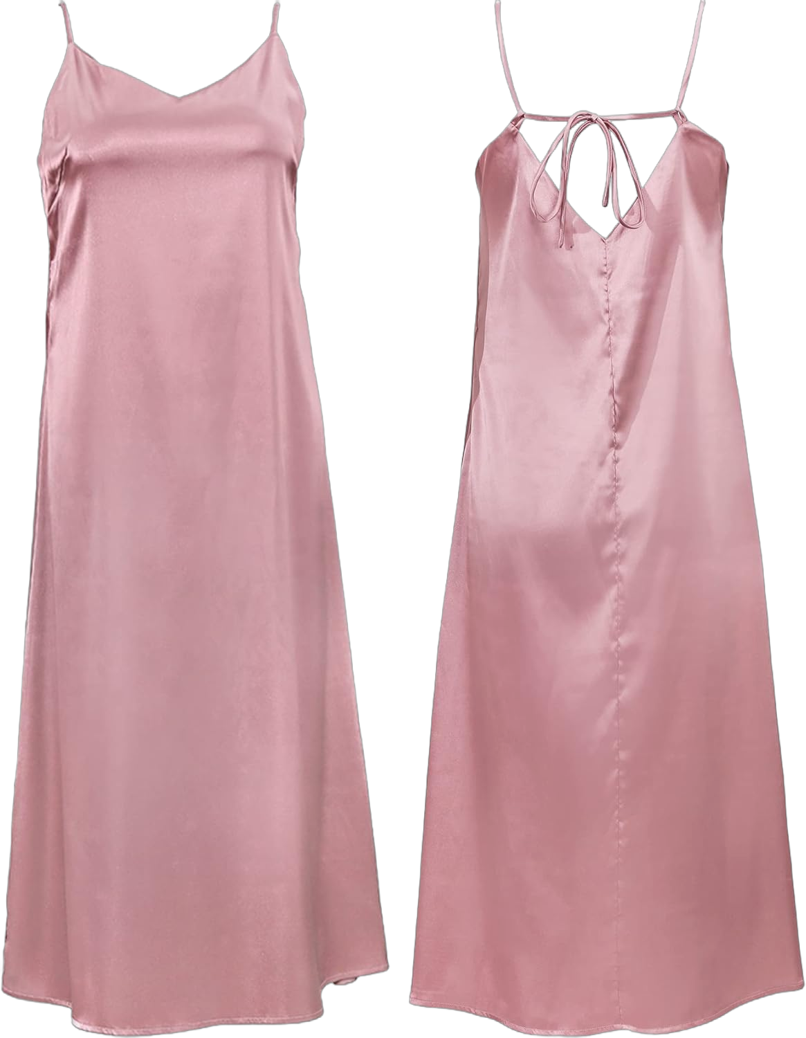 Xintianji Women's Basic Satin Silky Full Slip Midi Loose Dress with V-Neck Sexy Cami Adjustable Strap Wear Nightgown Dresses Small Pink