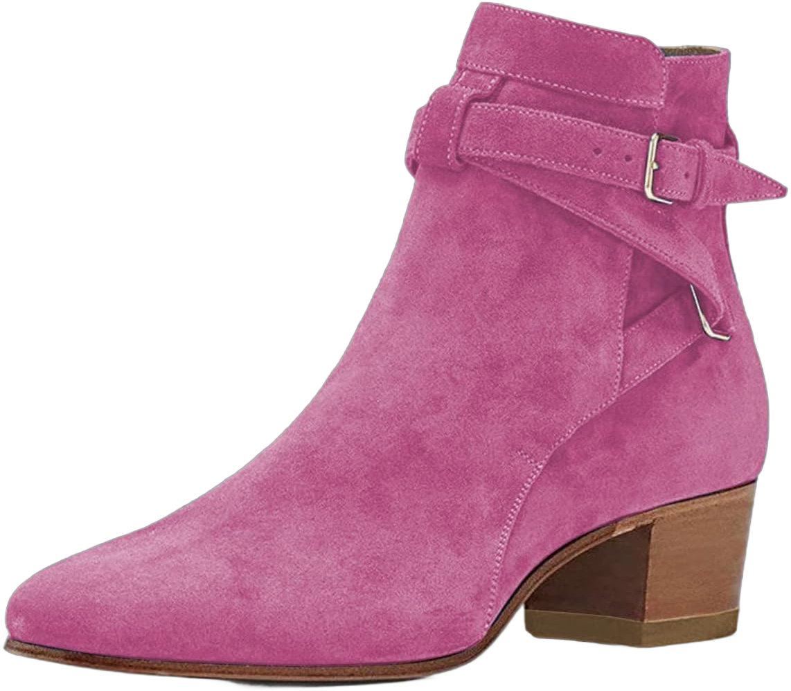 YDN Women Block Low Heel Suede Cowgirl Boots Pull on Ankle Bootie with Buckle 13 Hot Pink