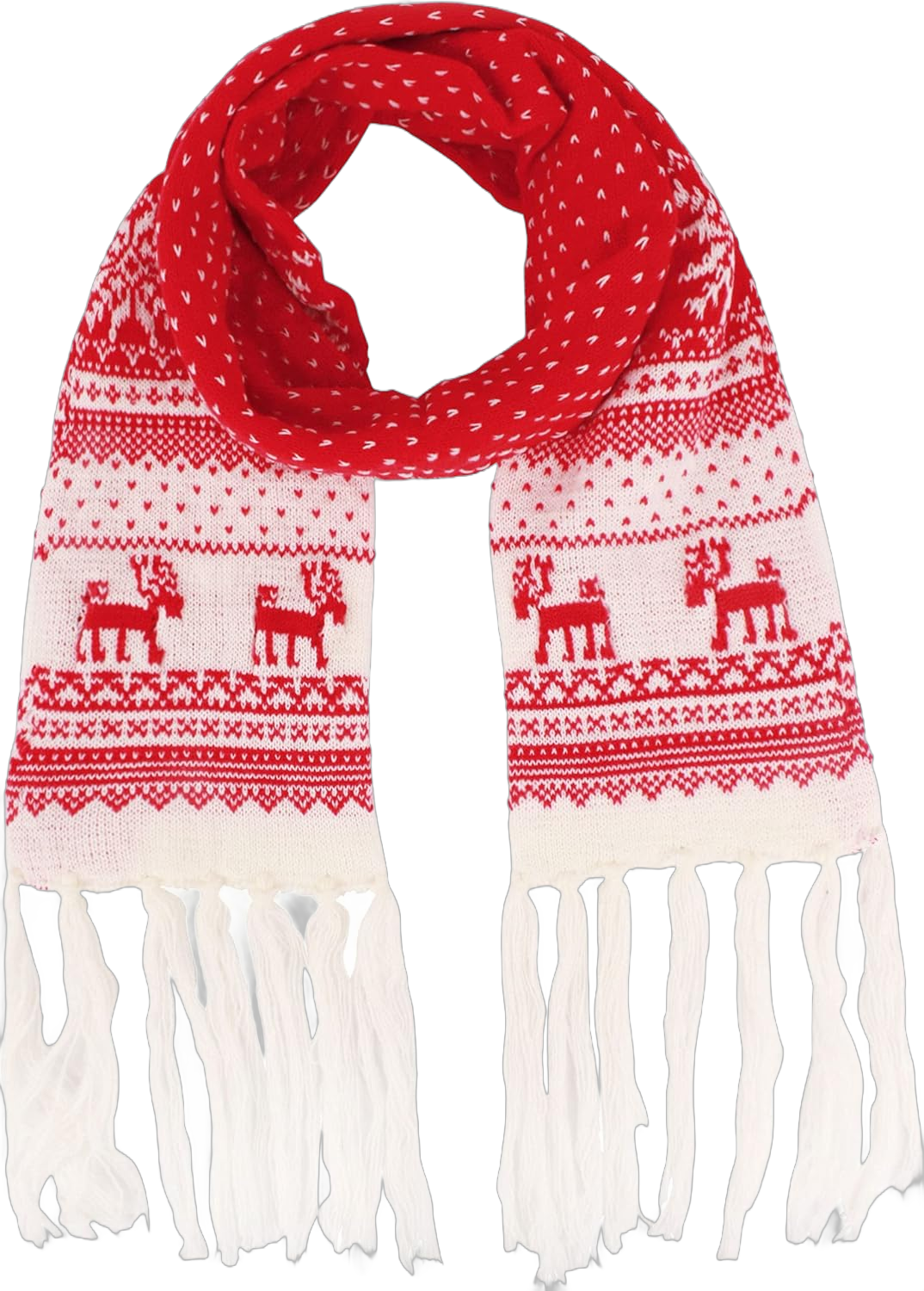 Unisex Christmas Reindeer Snowflake Scarf Fall Winter Warm Knit Long Scarf Tassels Dot Deer Red