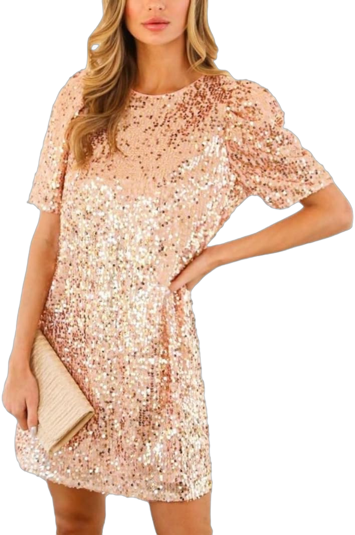 Women's Crewneck Sequin Shift Dress Short Sleeve Casual Holiday Sparkly Party Dress Small Gold