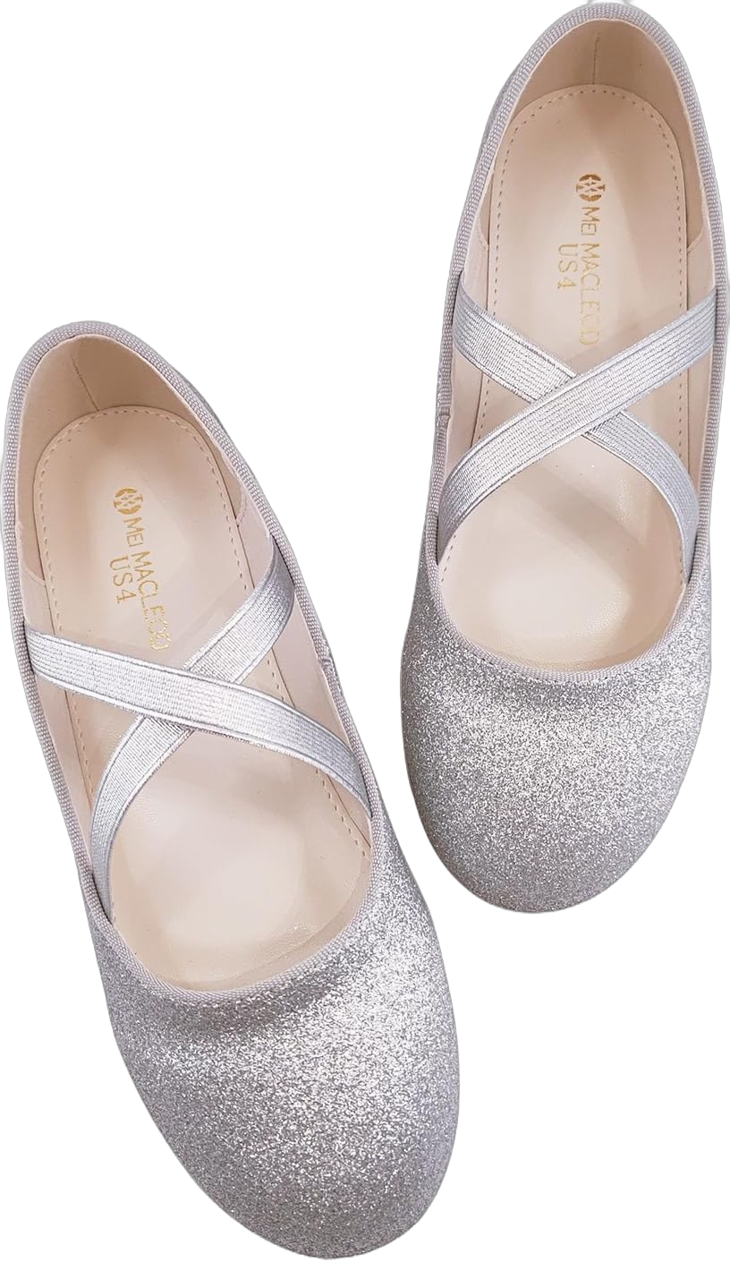 Mei MACLEOD Girls Ballet Flats Glitter Mary Jane Dress Shoes Ballerina 3 Big Kid Silver