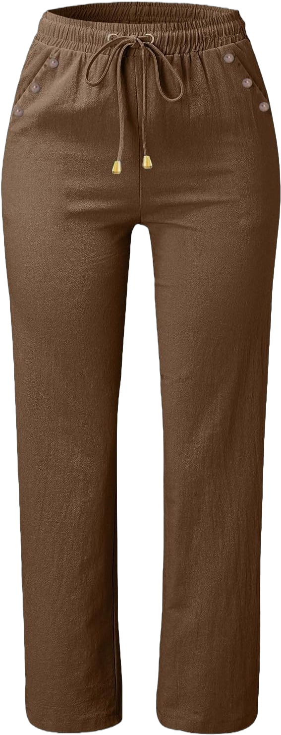 FlekmanArt Women's Casual Cotton Linen Pants 2024 Fashion Drawstring Lightweight Summer Relax Fit Straight Leg Trouser Brown 3X-Large