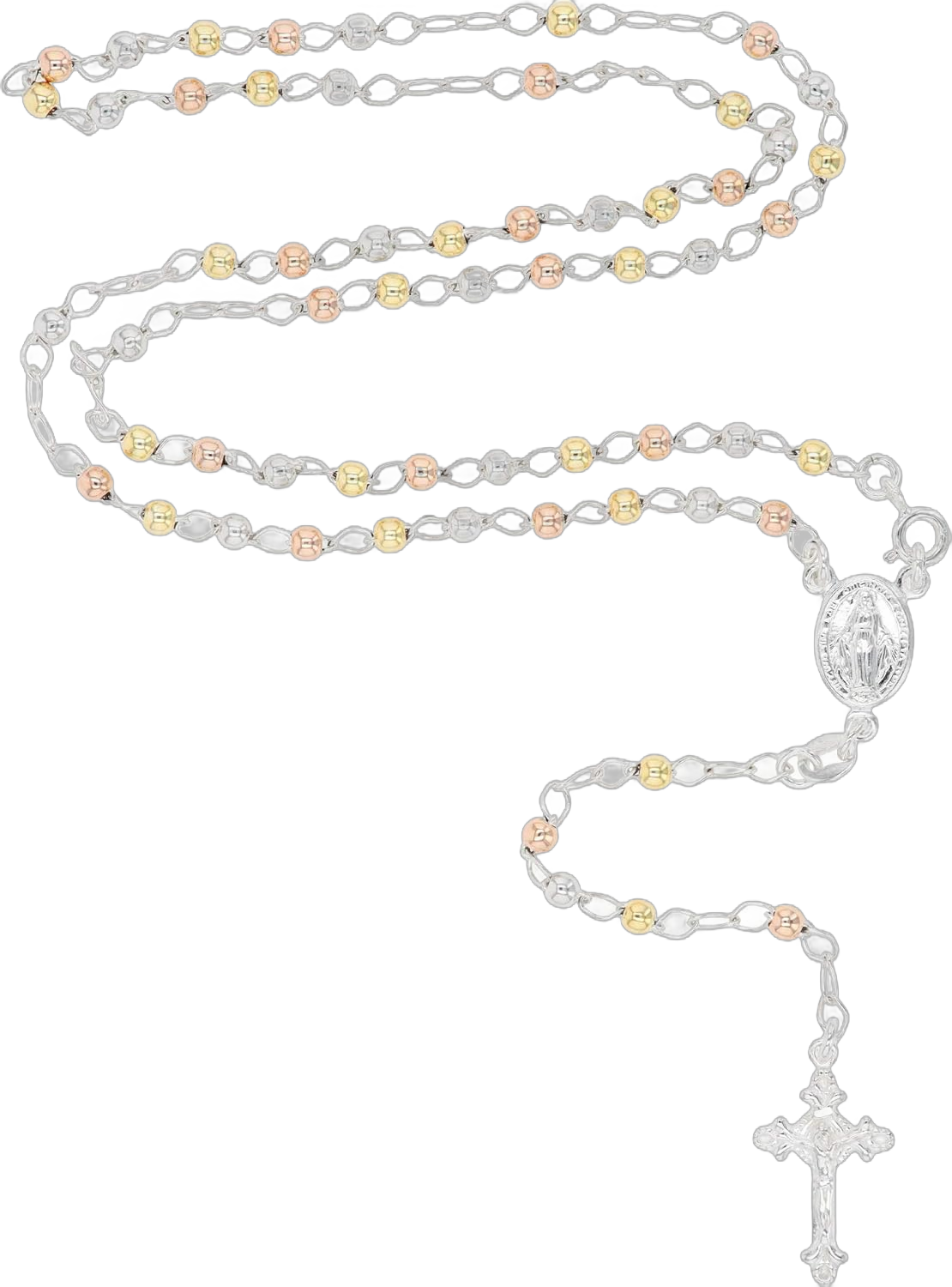 Solid 925 Sterling Silver Tricolor 3mm-5mm Italian Virgin Mary Rosary Bead Cross Necklace | Made In Italy | 925 Sterling Silver Rosary Y Necklace Chain for Women And Men 18.0 Inches 5mm Thick