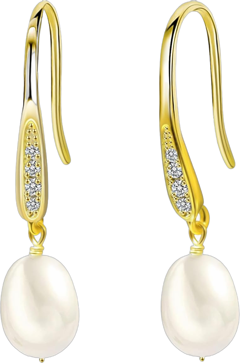 Women Yellow Gold Pearl Dangle Earrings, 14K Yellow Gold Plated Pearl Drop Earrings Pearl Drop Earrings-Cubic Zirconia