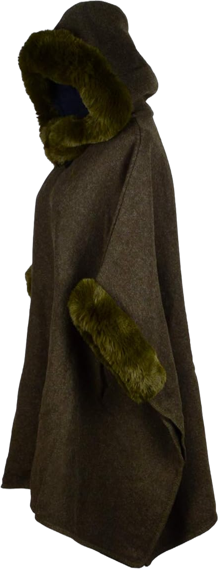 Women's Hooded Cloak Faux Rabbit Fur Cape Wrap Wool Coat Cardigan Poncho Warm One Size Green