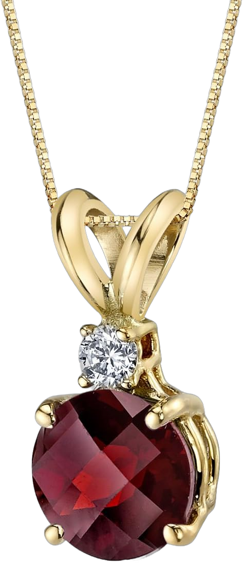 PEORA 14K Yellow Gold Garnet and Diamond Pendant for Women, Genuine Gemstone Solitaire, Round Shape, 6.50mm, 1.40 Carats total, Red Garnet Necklace, January Birthstone Necklace, w/Jewelry Box