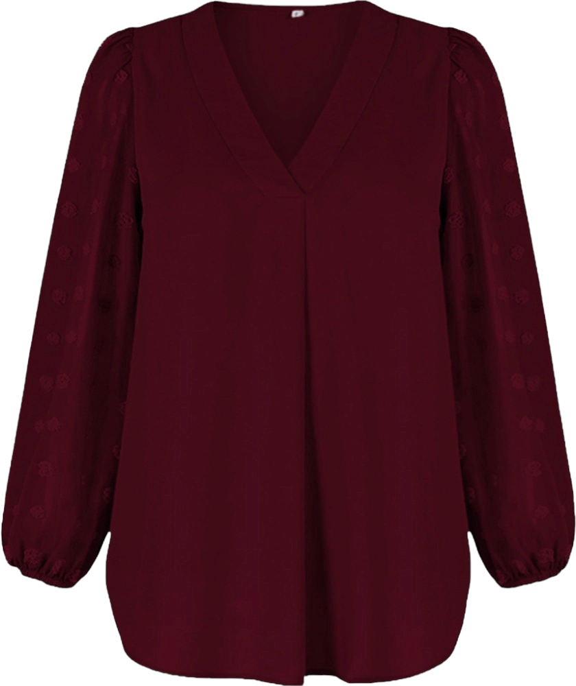 Anna-Kaci Women's Chiffon Blouse Swiss Dot Long Sleeve Top- Small, Burgundy