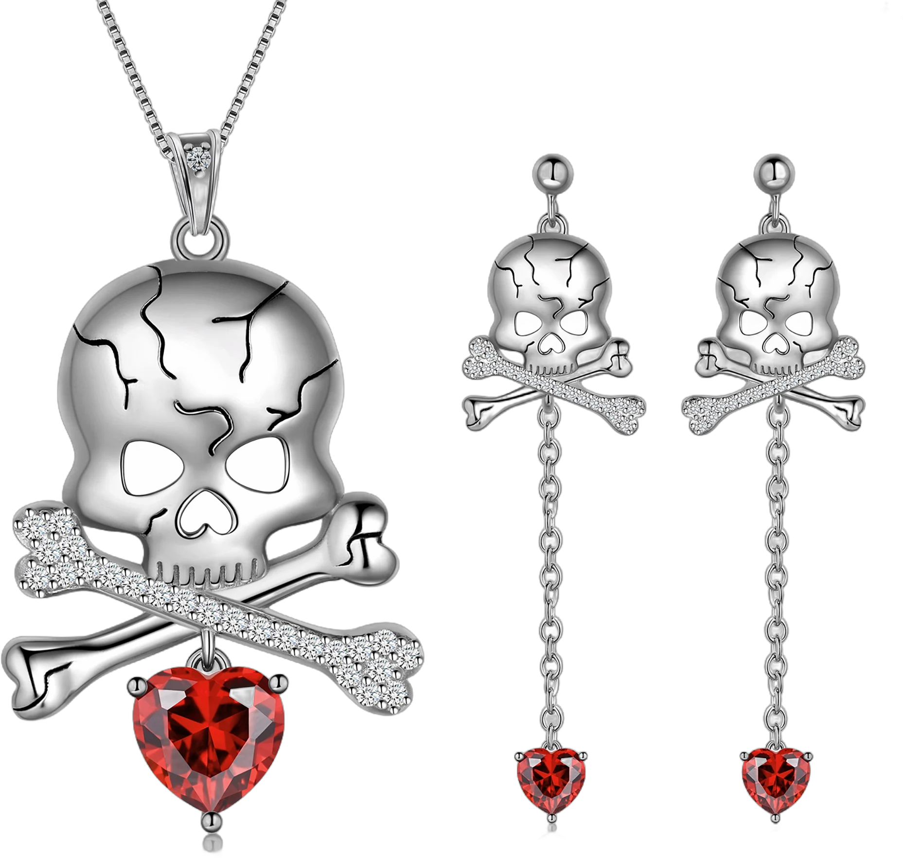 Beautlace 925 Sterling Silver Skull Jewelry Set,Halloween Skeleton Skull Pendant Necklace/Drop Dangle Earrings Gothic Vintage Skull Jewelry Set for Women Girls