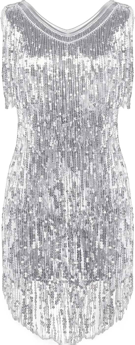 Women Sequins Shiny Samba Rumba Latin Dance Dress Tassels Fringe Wrap Dress Cocktail Party Dress X-Large Silver a