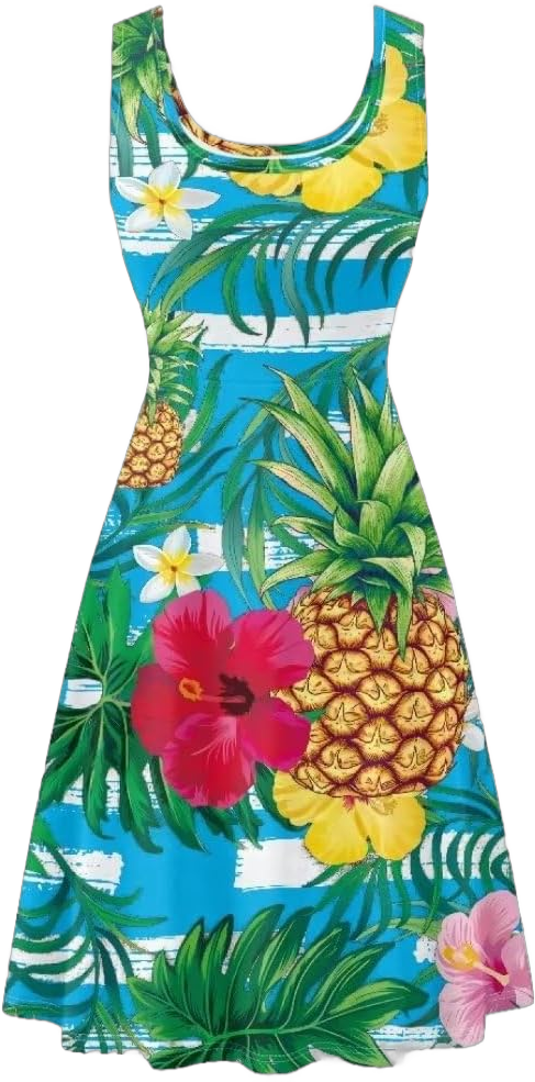 Women's Summer Casual Floral Print Midi Beach Sundress Sleeveless Scoop Neck Flowy A Line Tank Dress with Pockets Large Tropical Flower Leaf Pineapple