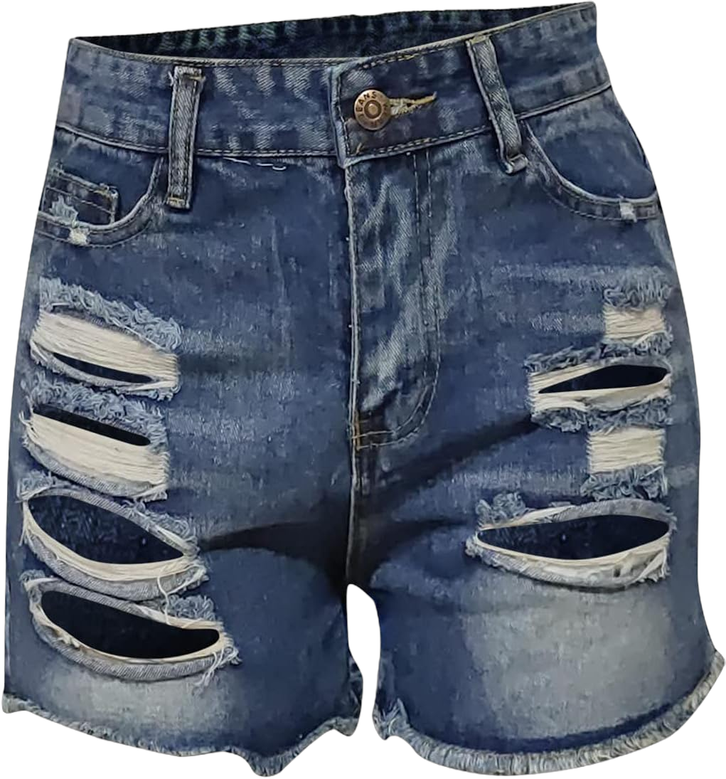 Women's Ripped Denim Shorts High Waisted Jean Shorts Women Frayed Raw Hem Casual Jeans Booty Button Shorts 5X-Large Blue-b