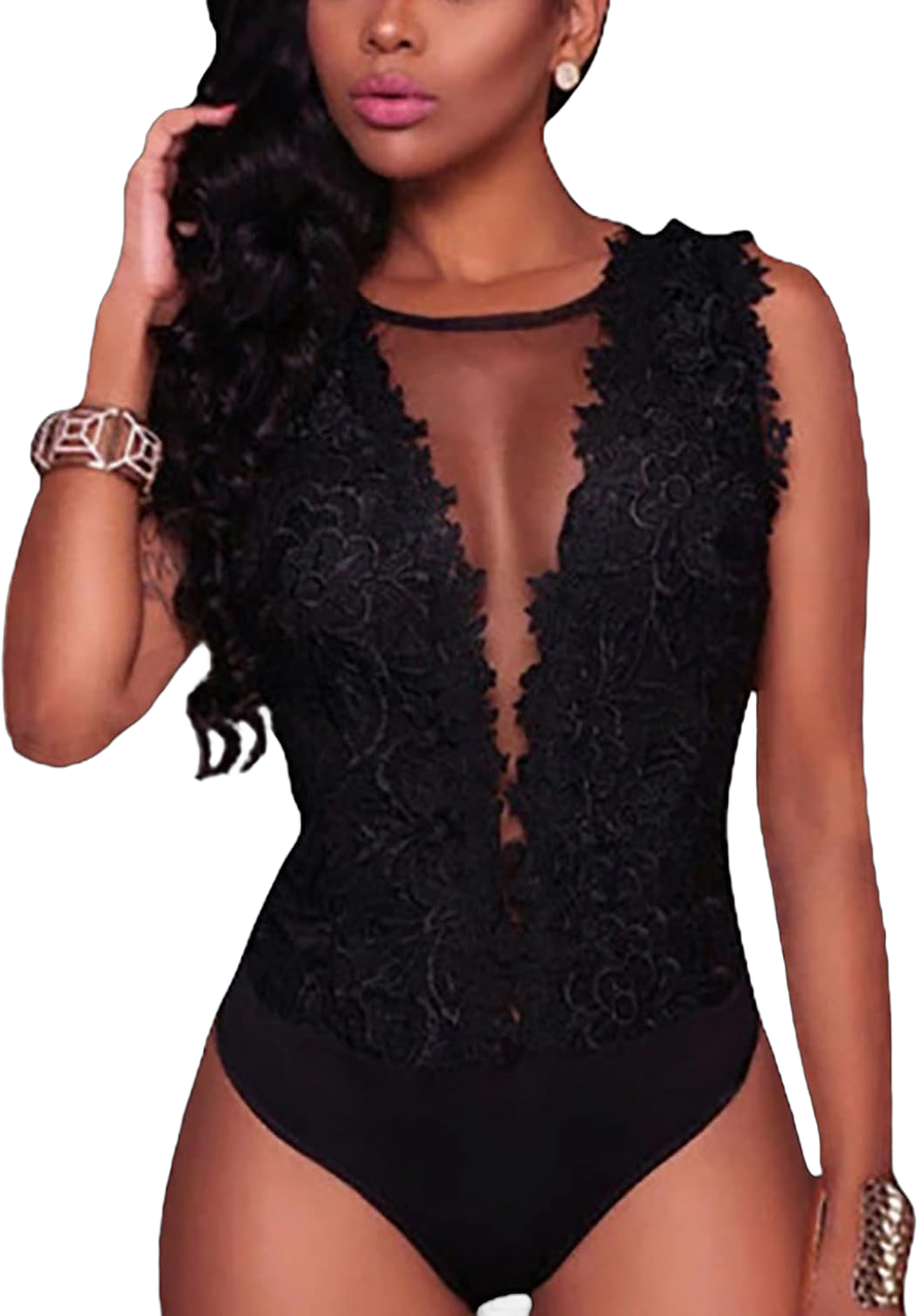 Sexy Lace Bodysuit Jumpsuit See Through Mesh Sleeveless Tops Party Club Going Out Date Night Outfit for Women Black Black Large