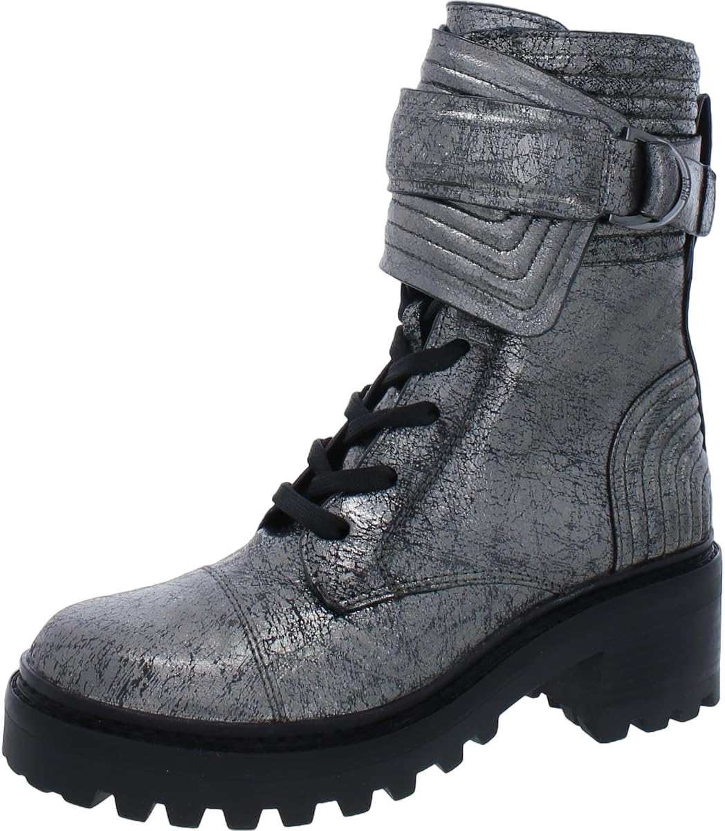 DKNY Womens Basia Leather Metallic Combat & Lace-up Boots 6 Grey