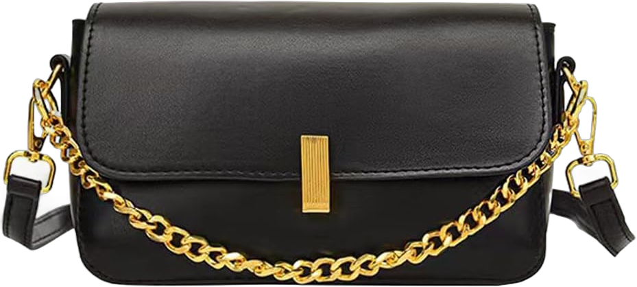 Small Crossbody Purse for Women, Leather Shoulder Bag Flap Handbag with Chain Handle and Detachable Strap Black