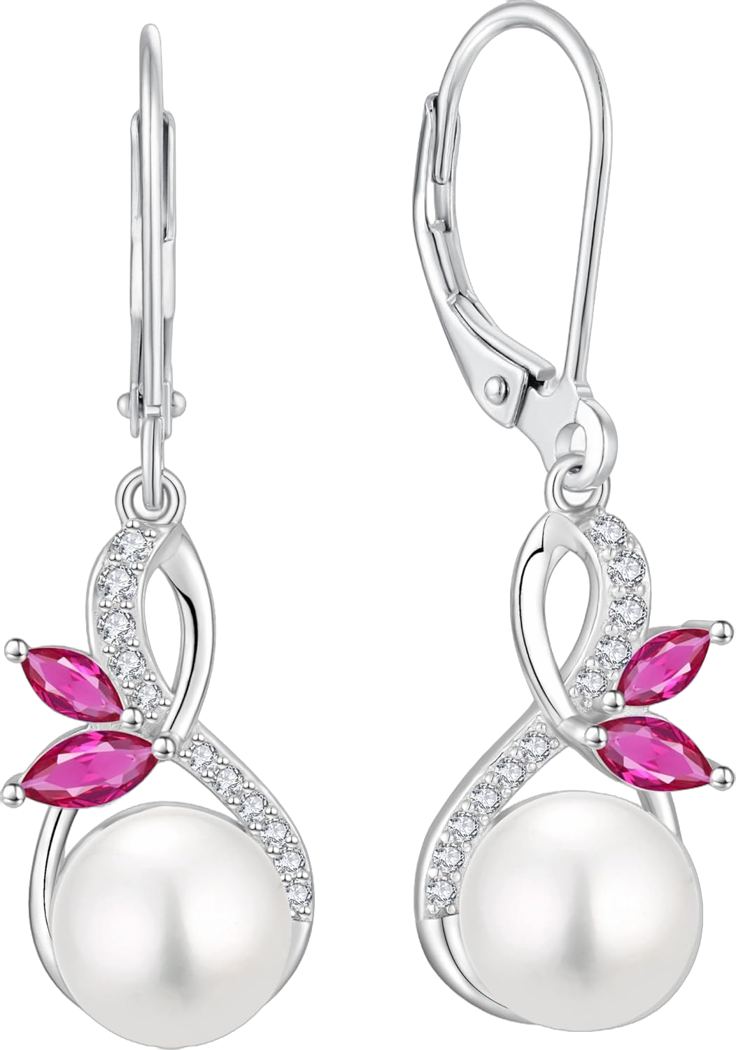 Pearl Earrings 925 Sterling Silver Infinity Butterfly Dangle & Drop Earrings for Women Leverback Earring with 10mm Freshwater Cultured Pearls Jewelry 07-Jul-Ruby