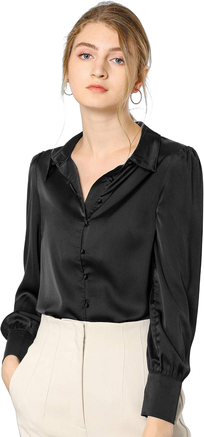 Allegra K Women's Satin Blouse Dressy Elegant Puff Sleeve Point Collar Vintage Button Up Shirt X-Large Black