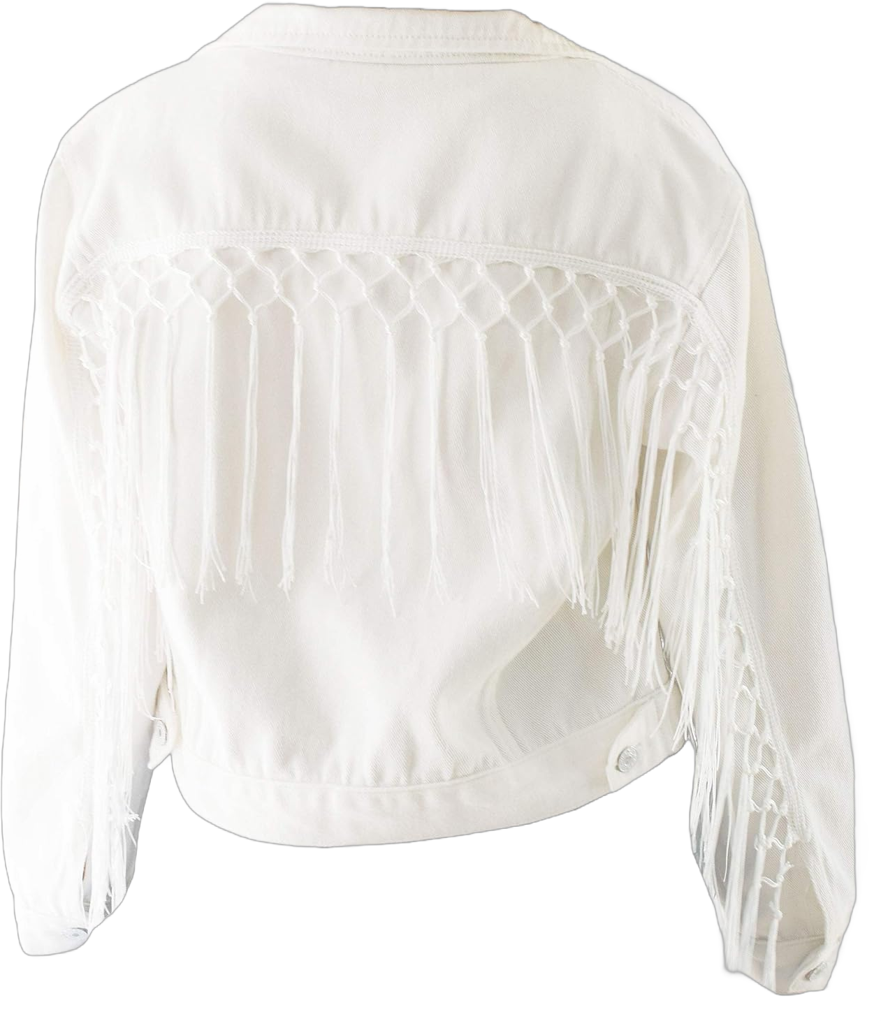 ModParty Women’s Fringe Jacket White Crop Denim Jean Jacket With Tassel Trim Large-X-Large White