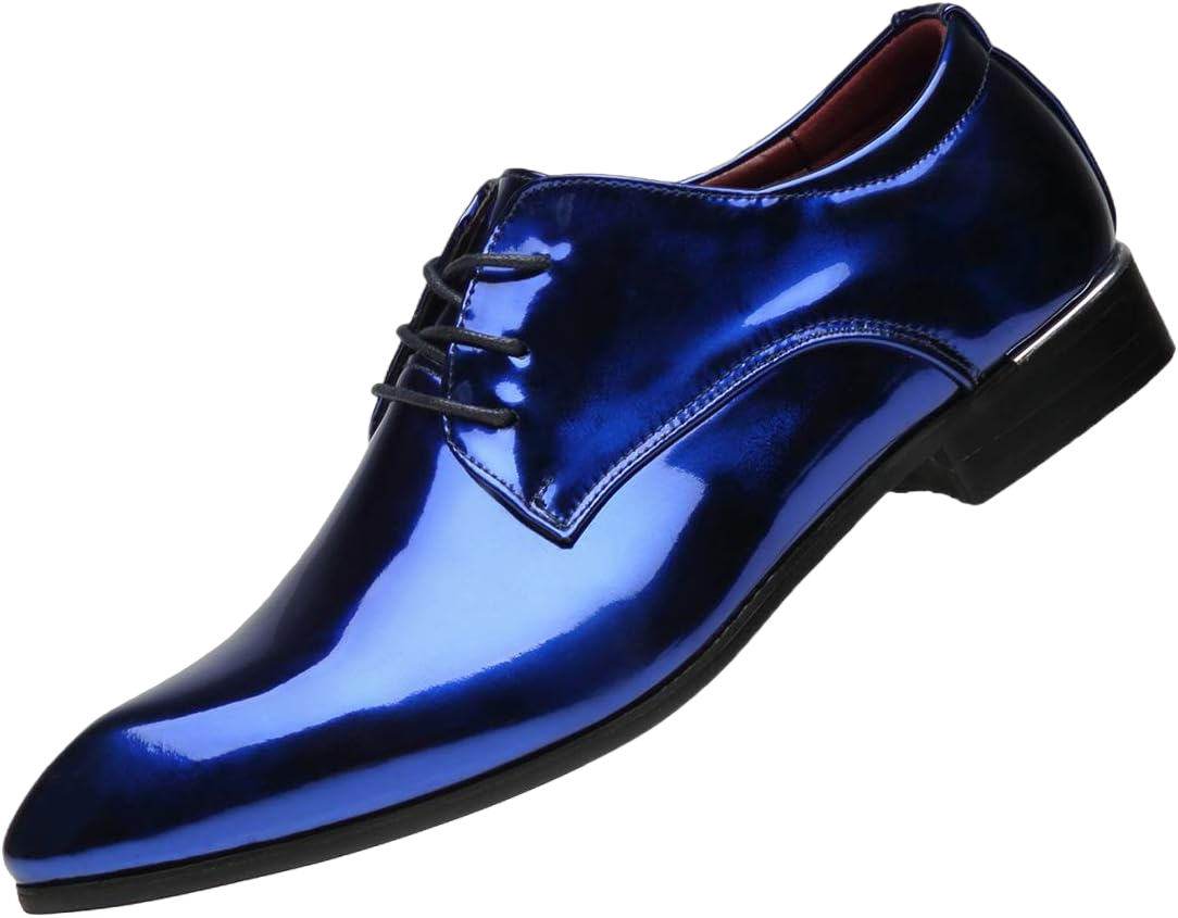 Santimon Men's Oxford Shoes Dress Pointed Toe Shiny Patent Leather Lace Up Casual Prom Party Shoes 10.5 Blue