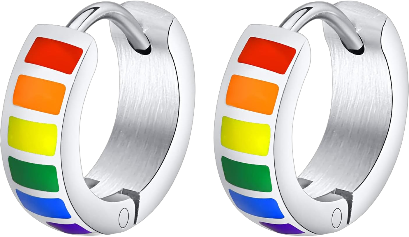 Black LGBTQ Pride Rainbow Small Hoop Earrings for Men Women Teens Cartilage Stainless Steel Chunky Wide Cuff Non Piercing Hinged Huggie Hoops Love is Love Statement Pride Month Jewelry Gifts 9mm Steel,Piercing