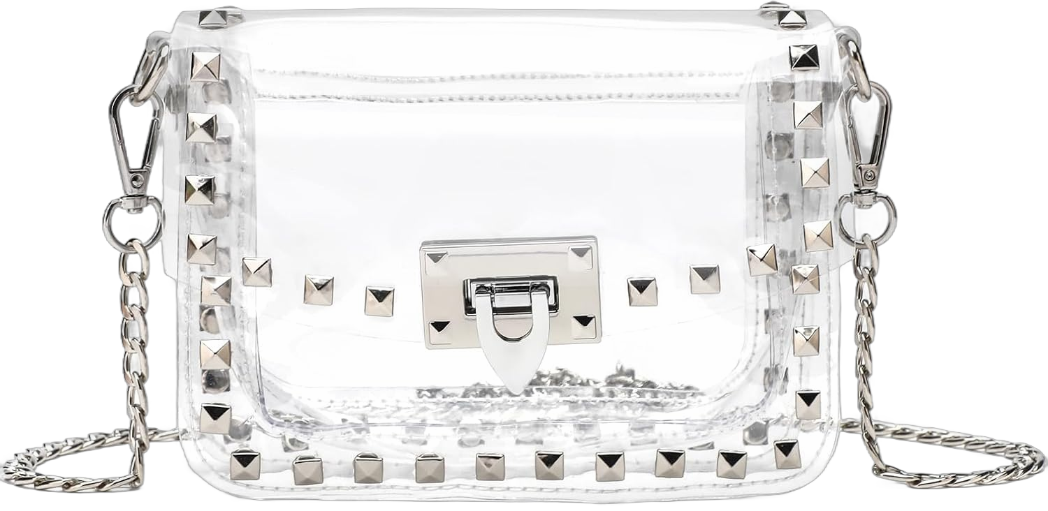 Clear Crossbody Purse Bag for Women Stadium Approved with Studded Rivet, Clear PVC Handbag for Concert & Game Day Silver