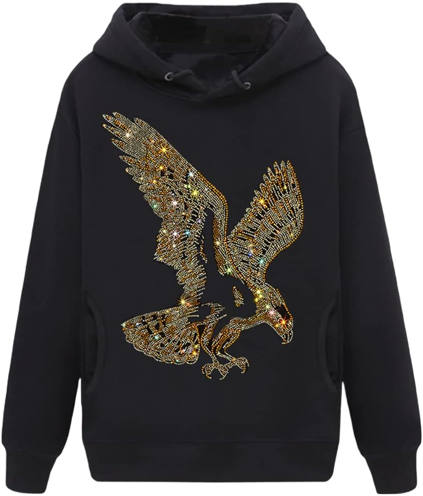 HZCX FASHION Mens Womens Sparkly Rhinestone Graphic Hoodies Pullover Fleece Sweatshirt Fall Festival Rave Hooded Jersey Women XX-Large Eagle Black