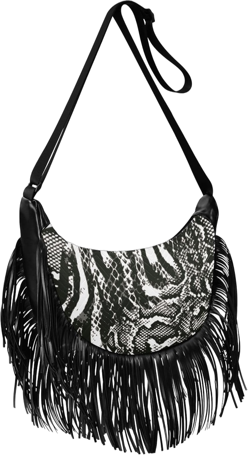 Tassel Crossbody Bag Snakeskin Black White Women Fringe Boho Handbag Hippie Purse Vintage Bohemian Shoulder Bag '70s Daily Bag Valentines Gift for Wife, Lover