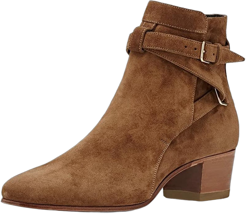 YDN Women Block Low Heel Suede Cowgirl Boots Pull on Ankle Bootie with Buckle 8 Tan