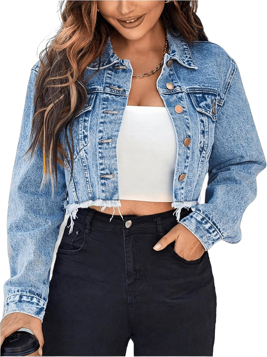 Floerns Women's Raw Hem Long Sleeve Button Down Pocket Cropped Denim Jean Jacket Medium Light Wash Blue