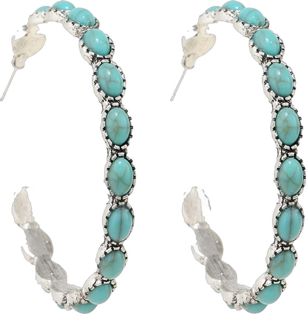 Boho Turquoise Hoop Earrings Vintage Faux Turquoise Circle Round Beaded Western Cowgirl Statement Earrings for Women Ethnic Jewelry Valentine Gift-A turquoise