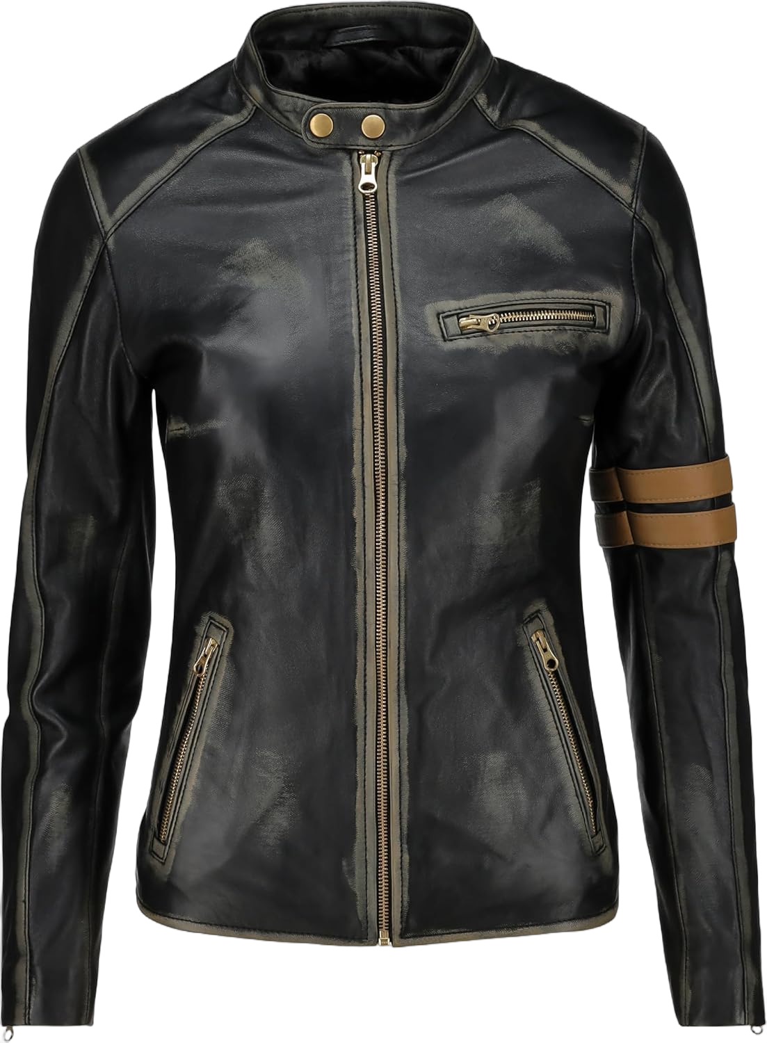 Jild Vintage Café Racer Genuine Leather Jacket Women - Distressed Leather Moto Biker Style Slim Fit Motorcycle Jacket Women X-Small Black