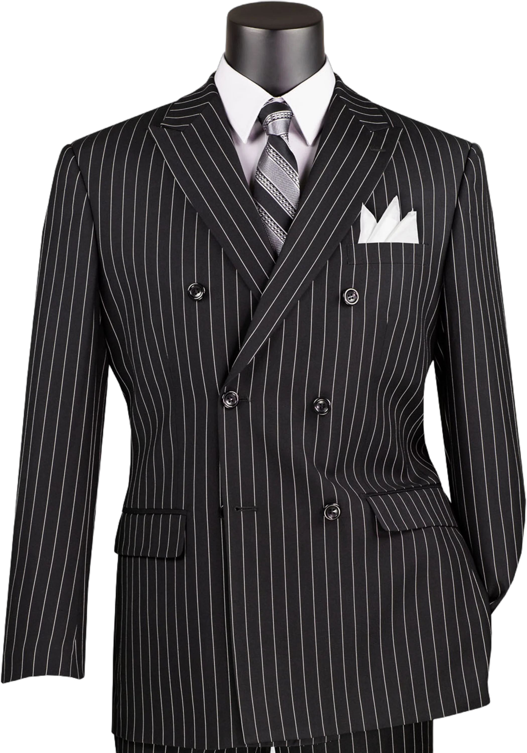 VINCI Men's Black Pinstripe Double-Breasted 6-Button Classic Fit Suit - NEW - 40R