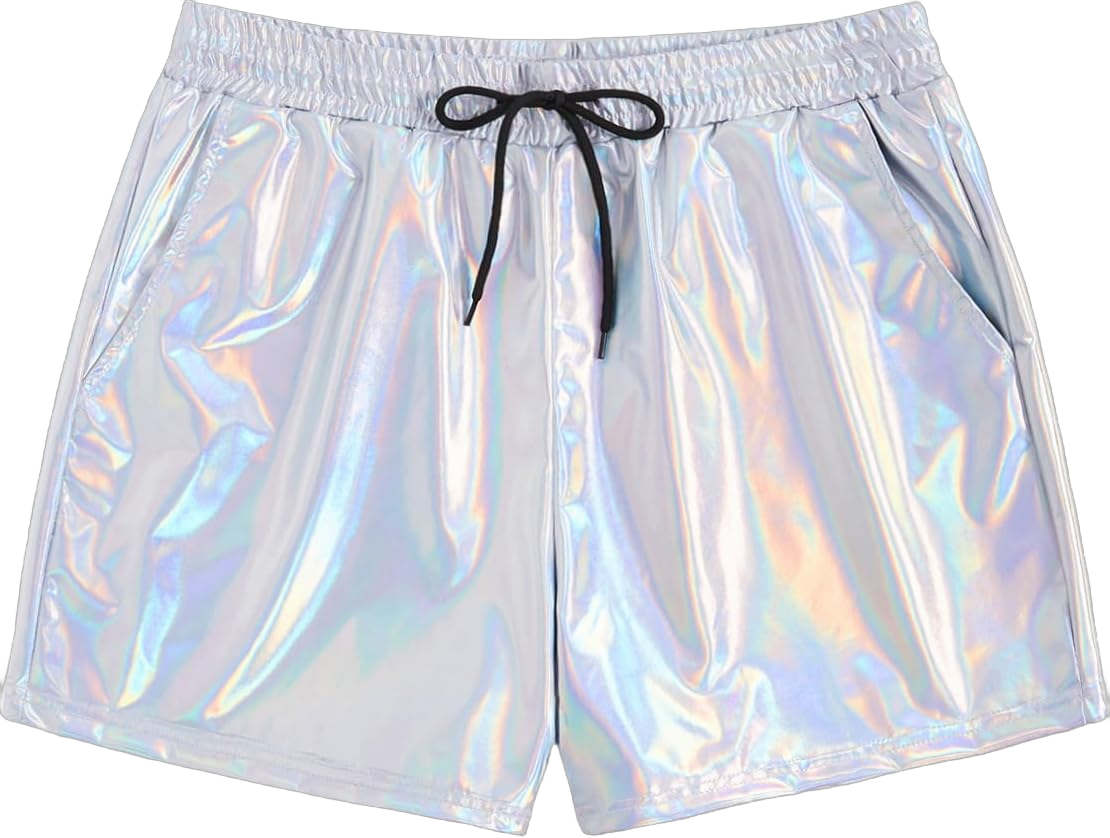 WDIRARA Men's Holographic Drawstring Waist Metallic Party Club Shorts with Pockets Medium Silver