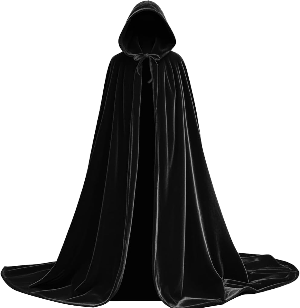 Tianlai Velvet Hooded Cape for Cosplay & Halloween Jedi Robe, Wizard Cloak, for Costume Women Medieval Themed Parties (Black, M)