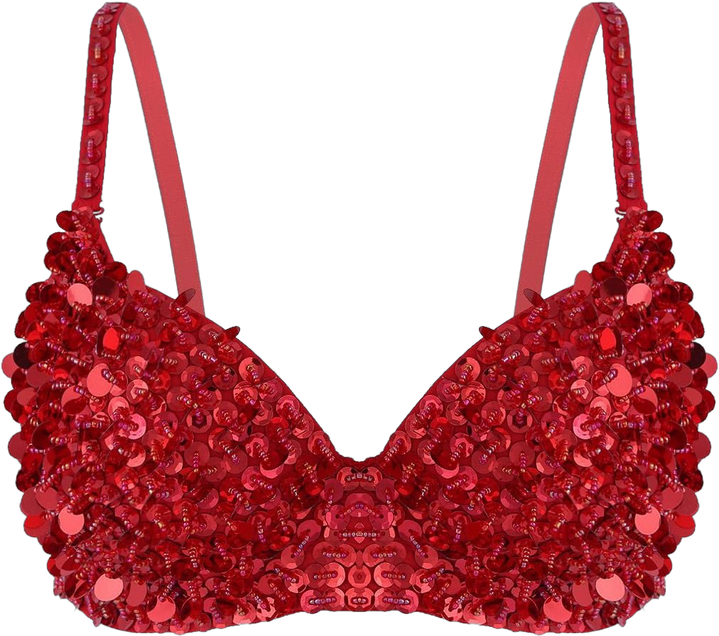 Aislor Women's Sparkle Sequins Beading Padded Bra Top Belly Dancing Costume Crop Top Clubwear 34A/B Red