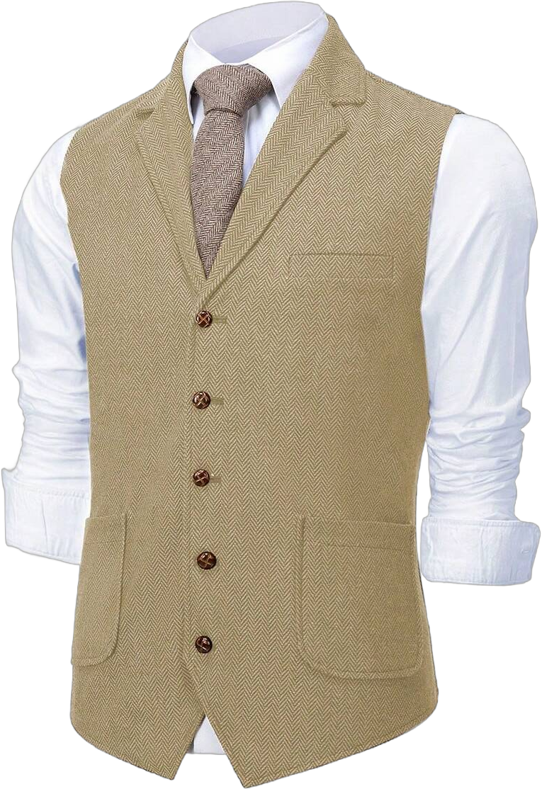 Vintage Men's Herringbone Wool Tweed Suit Vest Lapel V-Neck Single Breasted Waistcoat