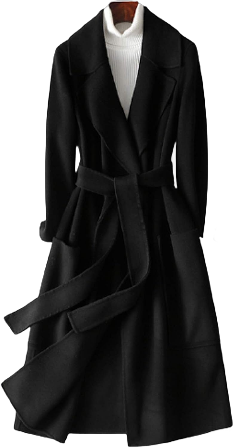 Women's 100% Wool Trench Coat Classic Notched Lapel Cashmere Mid-Long Jacket Autumn and Winter Woolen Overcoat Outwear with Belt,Black,M Medium Black