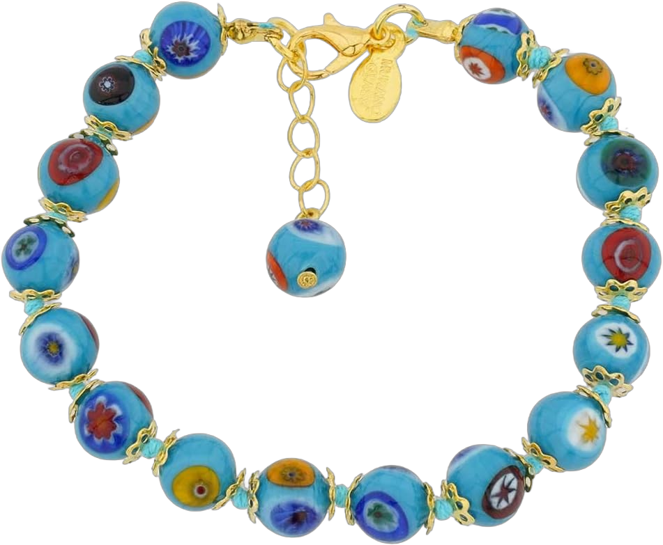 Glass Of Venice Murano Glass Bracelet Italian Aqua Blue Millefiori Beads Handmade Blown Glass - Murano Glass Bracelets for Women