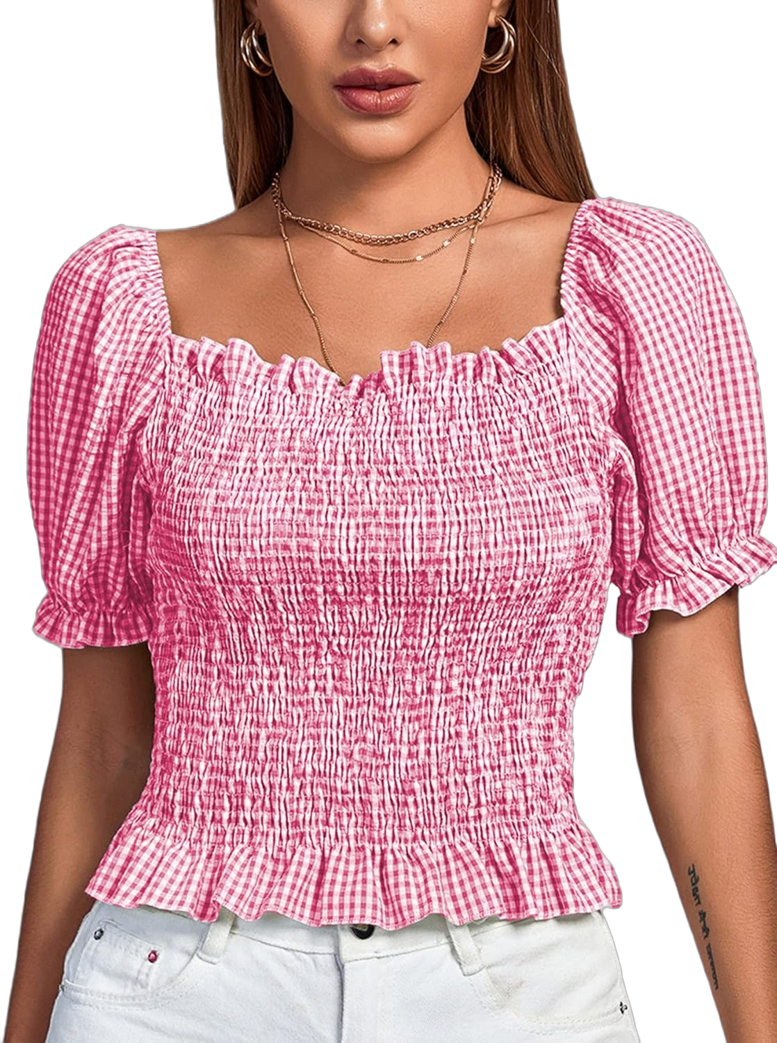 LYANER Women's Ruffle Peplum Smock Gingham Crop Top Square Neck Puff Short Sleeve Blouse Shirt Small Rose Red