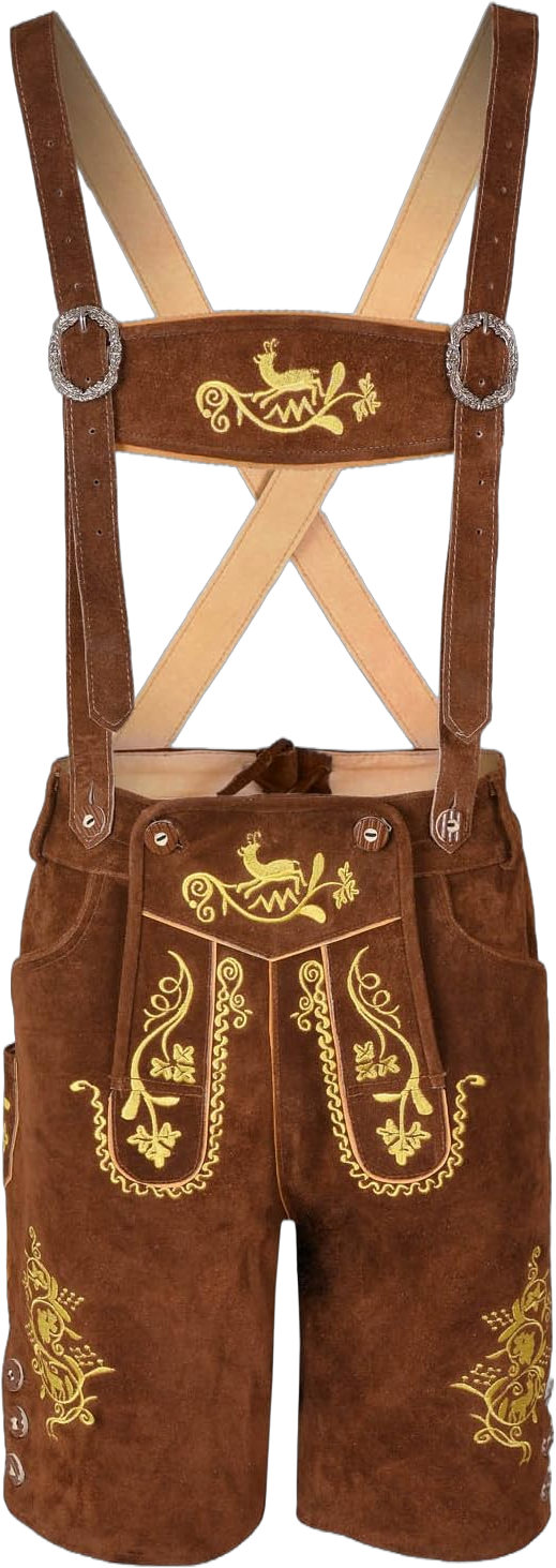 Mens Oktoberfest Bavarian Lederhosen Real Suede Leather with Matching Suspenders Shorts Brown With Golden Embroidery 42