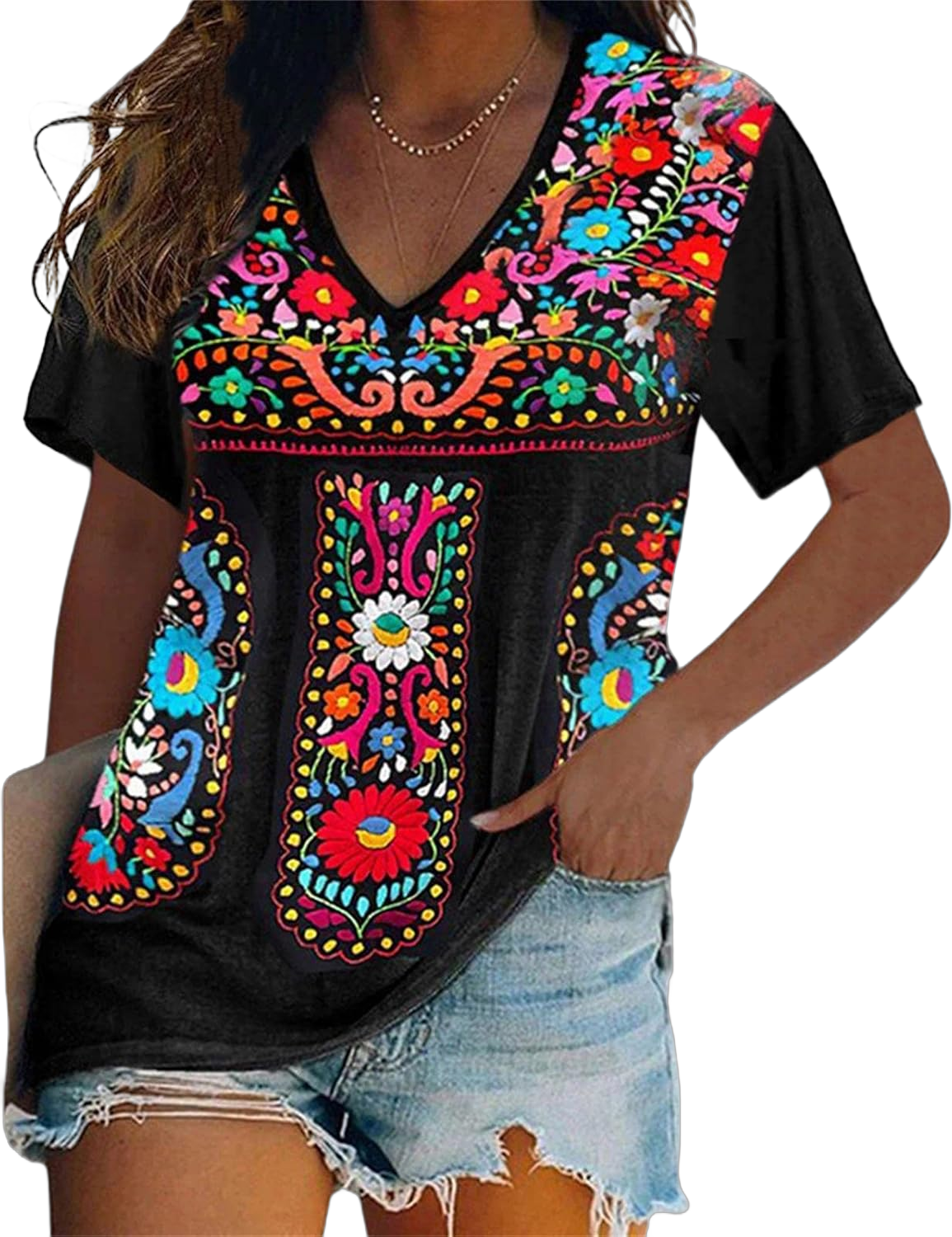 Melliflo Short Sleeve Mexican Tee Shirts for Women Floral Embroidered Loose Tops Ethnic Style Boho T-Shirts V Black X-Large