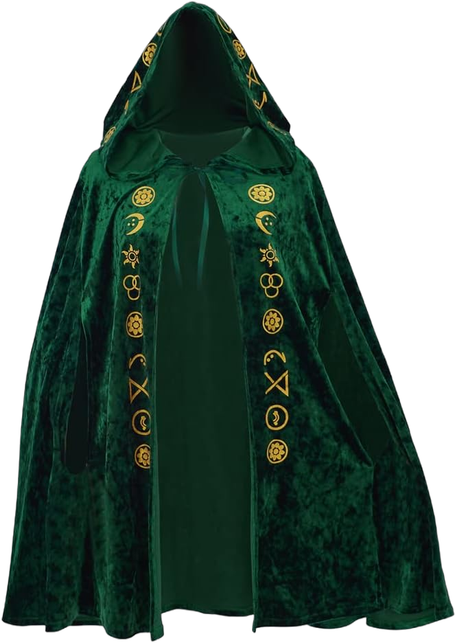 VintageCos Women's Witch Hooded Cape Green Velvet Embroidered Cloak Winifred Sarah Costume for Halloween