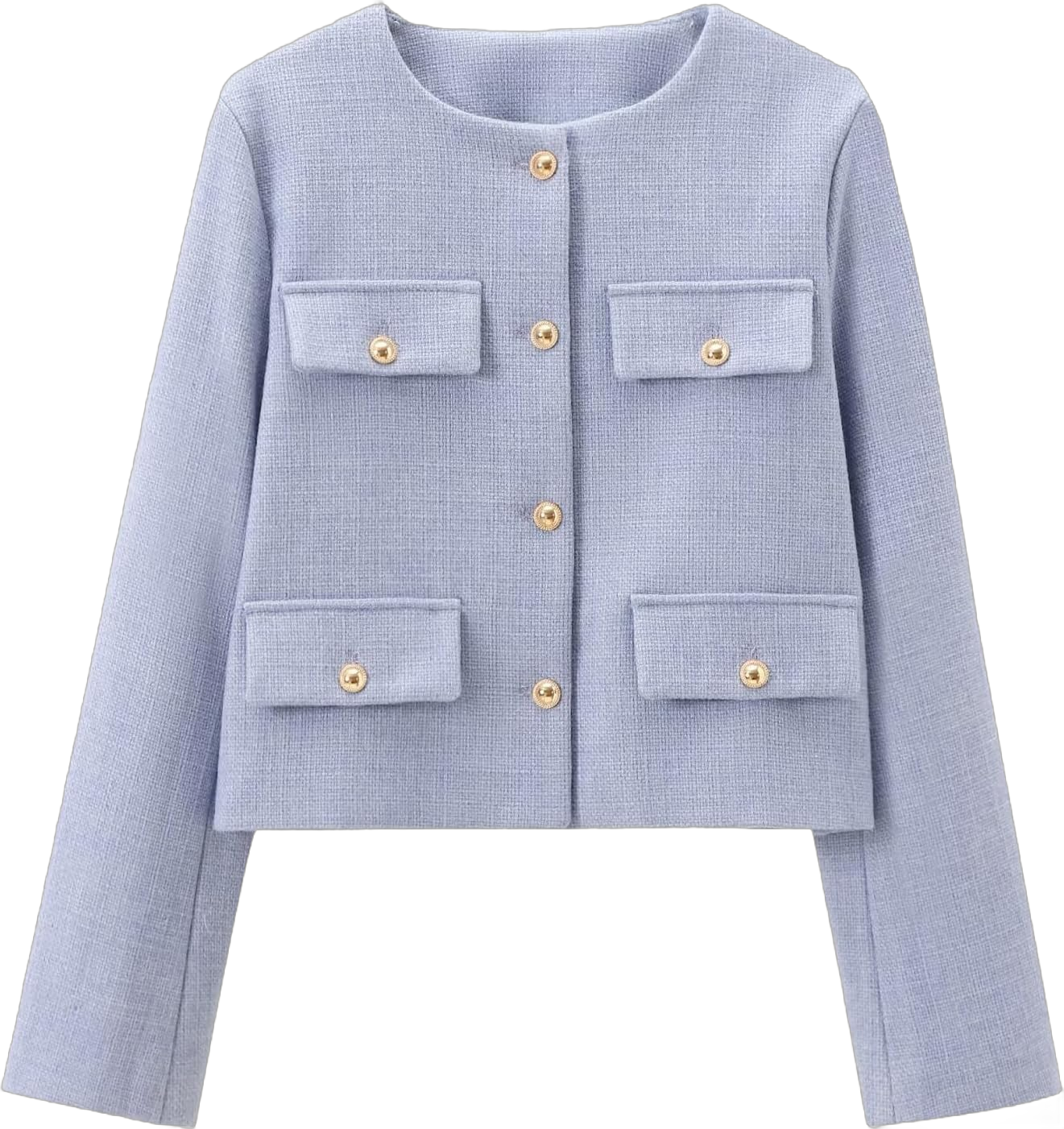 Xaspee Crop Tweed Blazer Jacket Women Collarless Open Front Button Down Business Work Casual Wool Jacket Coat Lt Blue Small